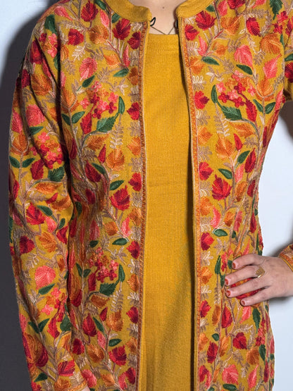 Exquisite Mustard Kashmiri Embroidered 3Pc Woolen Set(Suitable For M & L)