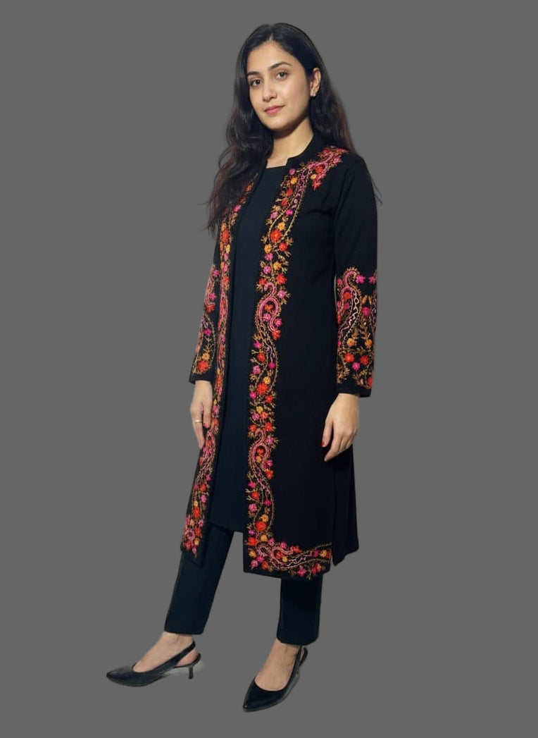 Black Kashmiri 3Pc Woolen Set With Multicolored Border(Suitable For M & L)