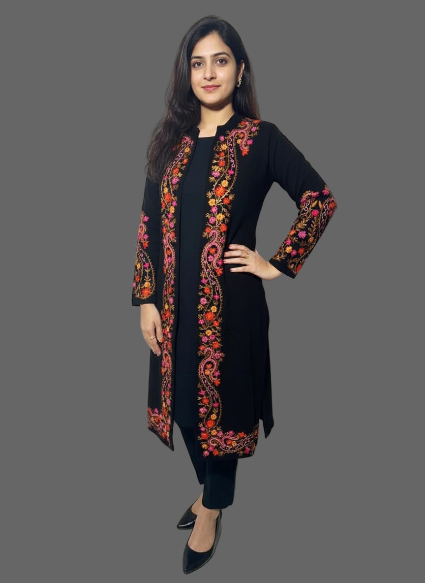 Black Kashmiri 3Pc Woolen Set With Multicolored Border(Suitable For M & L)