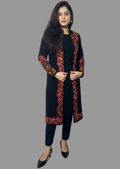 Black Kashmiri 3Pc Woolen Set With Multicolored Border(Suitable For M & L)