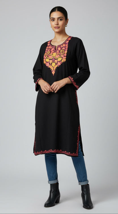 BLACK KASHMIRI PHERAN WITH PEACH/YELLOW EMBROIDERY