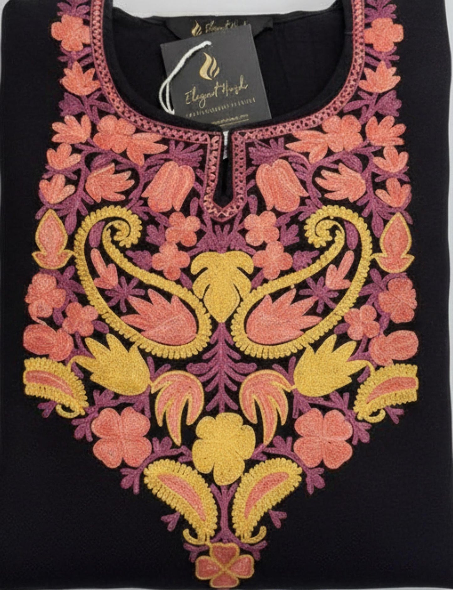 BLACK KASHMIRI PHERAN WITH PEACH/YELLOW EMBROIDERY