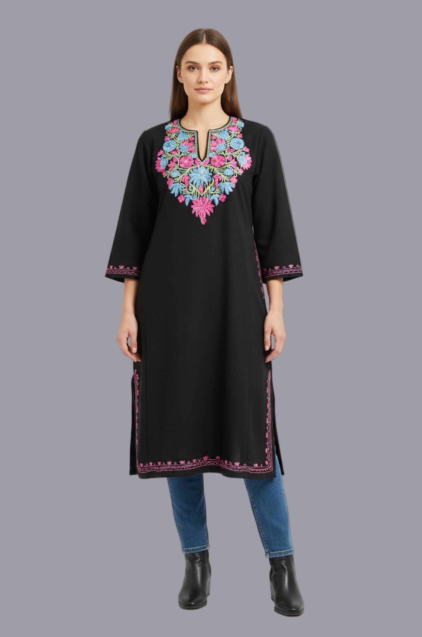 BLACK KASHMIRI PHERAN WITH PINK/BLUE EMBROIDERY