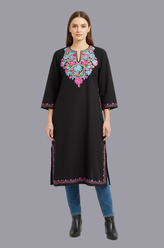 BLACK KASHMIRI PHERAN WITH PINK/BLUE EMBROIDERY
