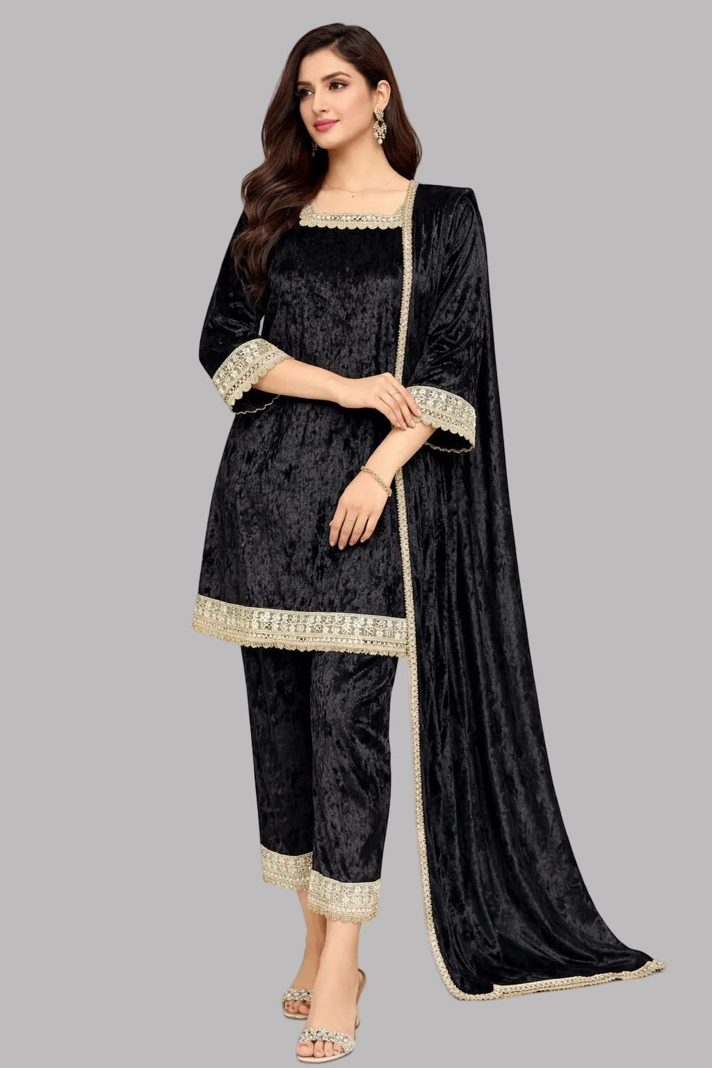 Ice Velvet A Line Kurta Set with Potli - Black