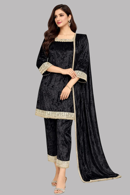 Ice Velvet A Line Kurta Set with Potli - Black