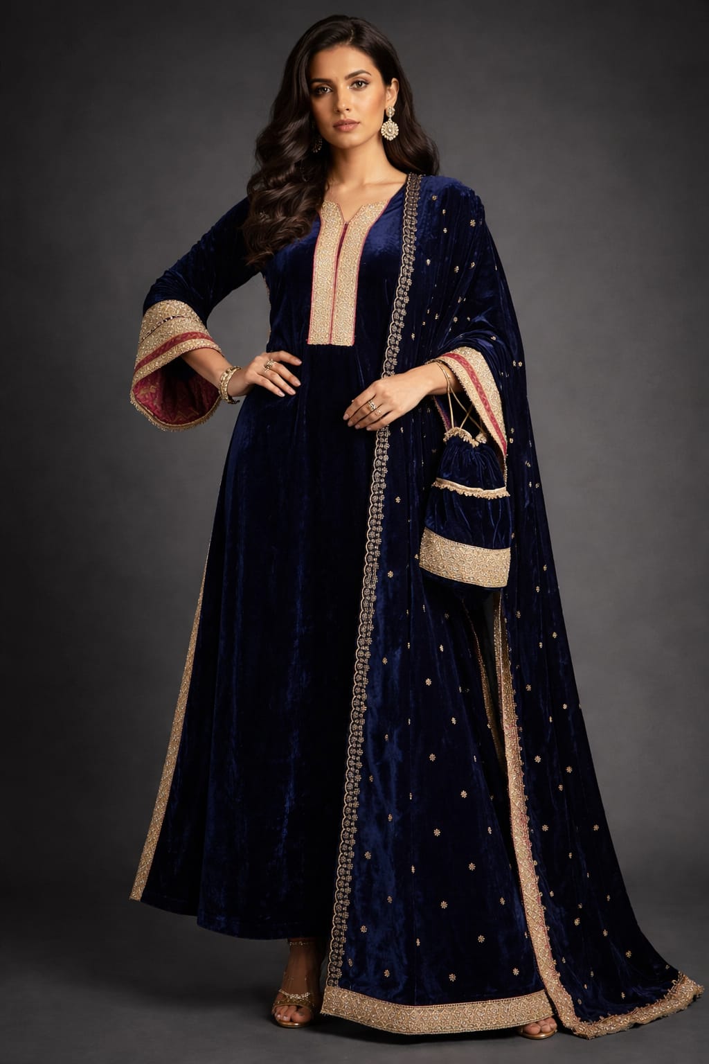Kareena Kapoor Inspired Velvet Long Kurta with Palazzo & Potli
