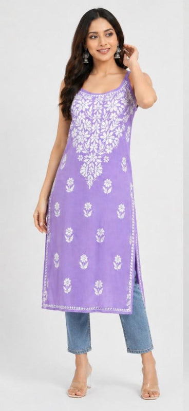 Long Lavender Chickankari Kurta(Spaghetti Neckline)