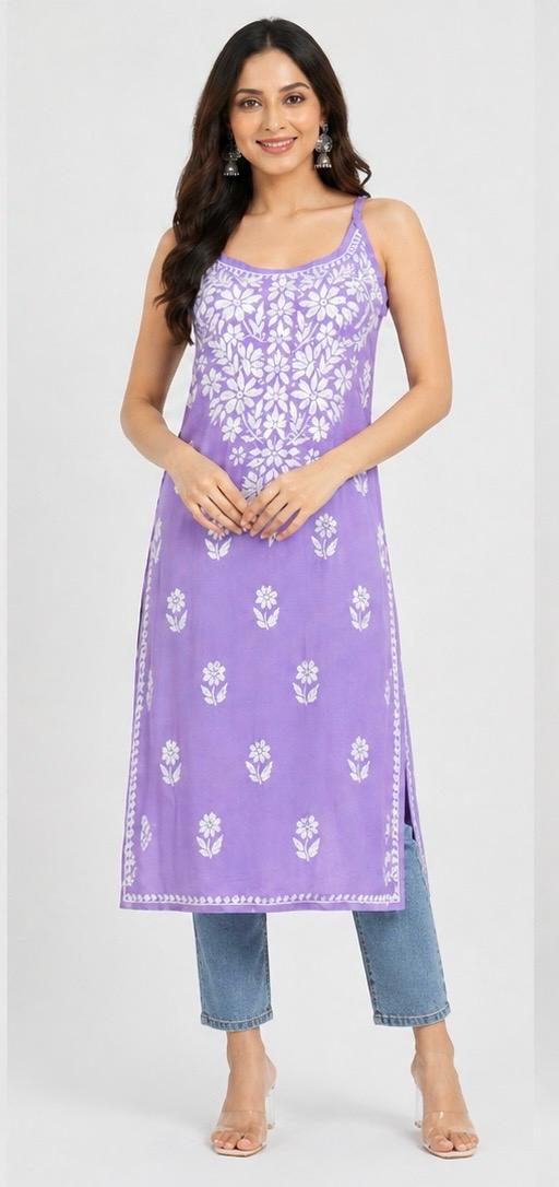 Long Lavender Chickankari Kurta(Spaghetti Neckline)