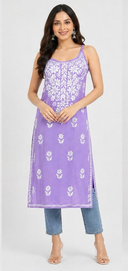 Long Lavender Chickankari Kurta(Spaghetti Neckline)