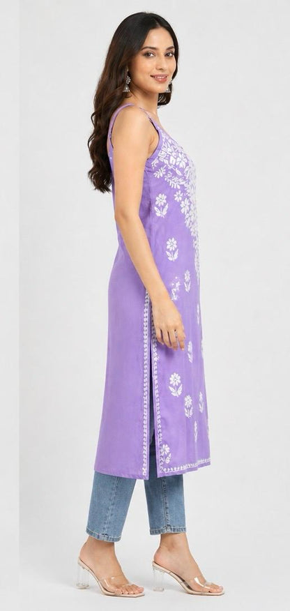Long Lavender Chickankari Kurta(Spaghetti Neckline)