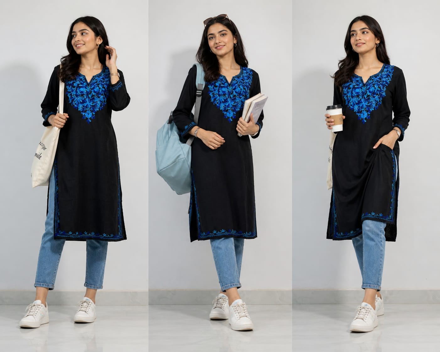 Black Cotton Kurta With Blue Kashmiri Embroidery