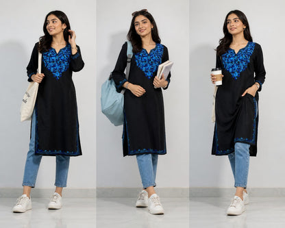 Black Cotton Kurta With Blue Kashmiri Embroidery