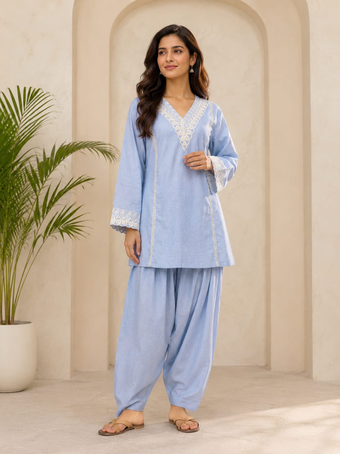 Soothing Sky A Line Cotton Kurta/Farshi Salwar Suit