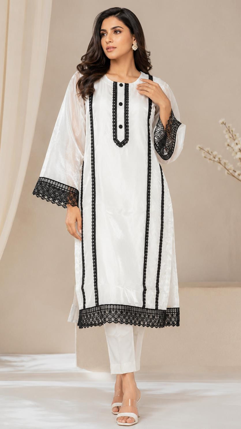 Premium Pearl White Glass Organza Designer Suit