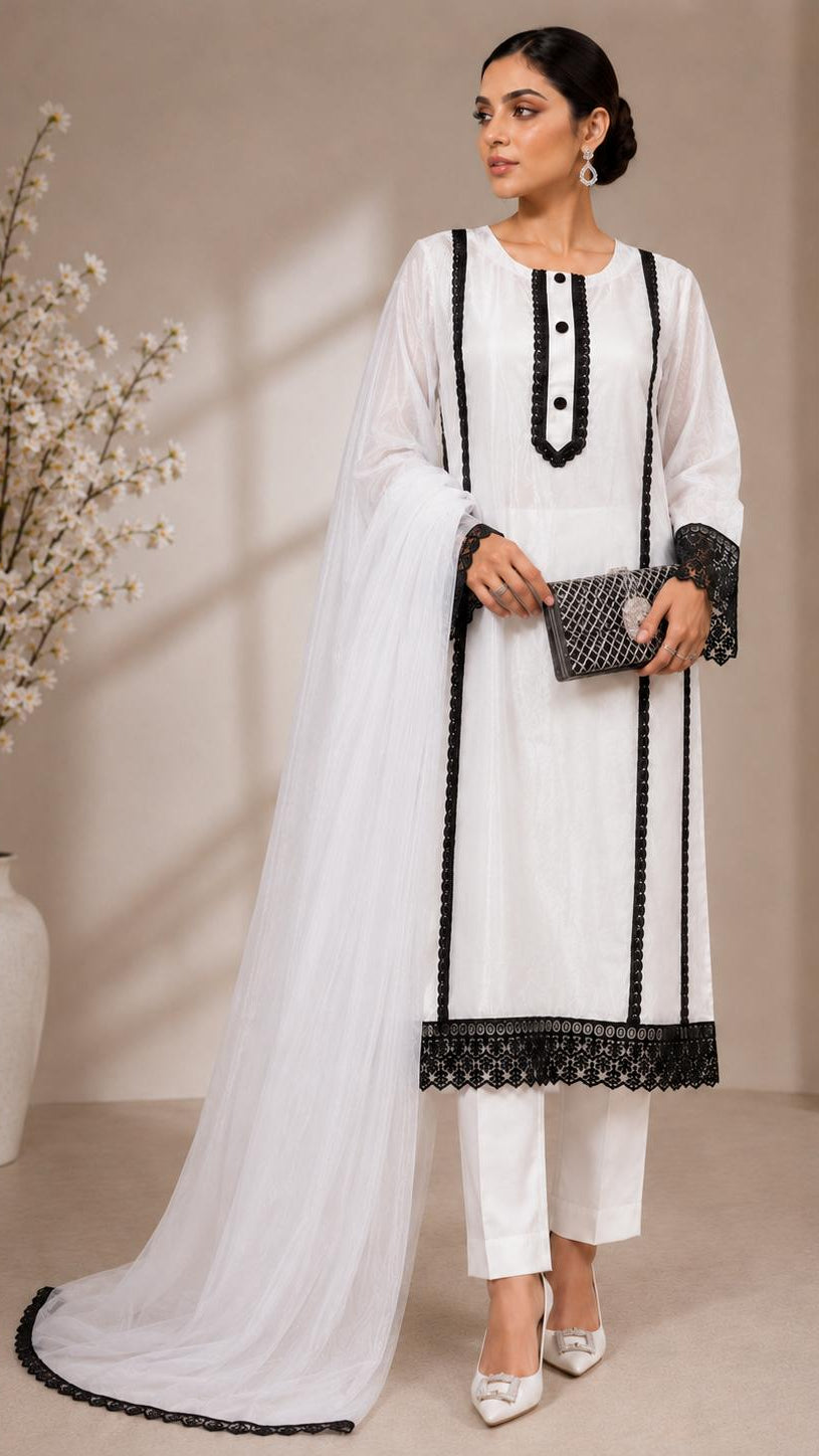 Premium Pearl White Glass Organza Designer Suit