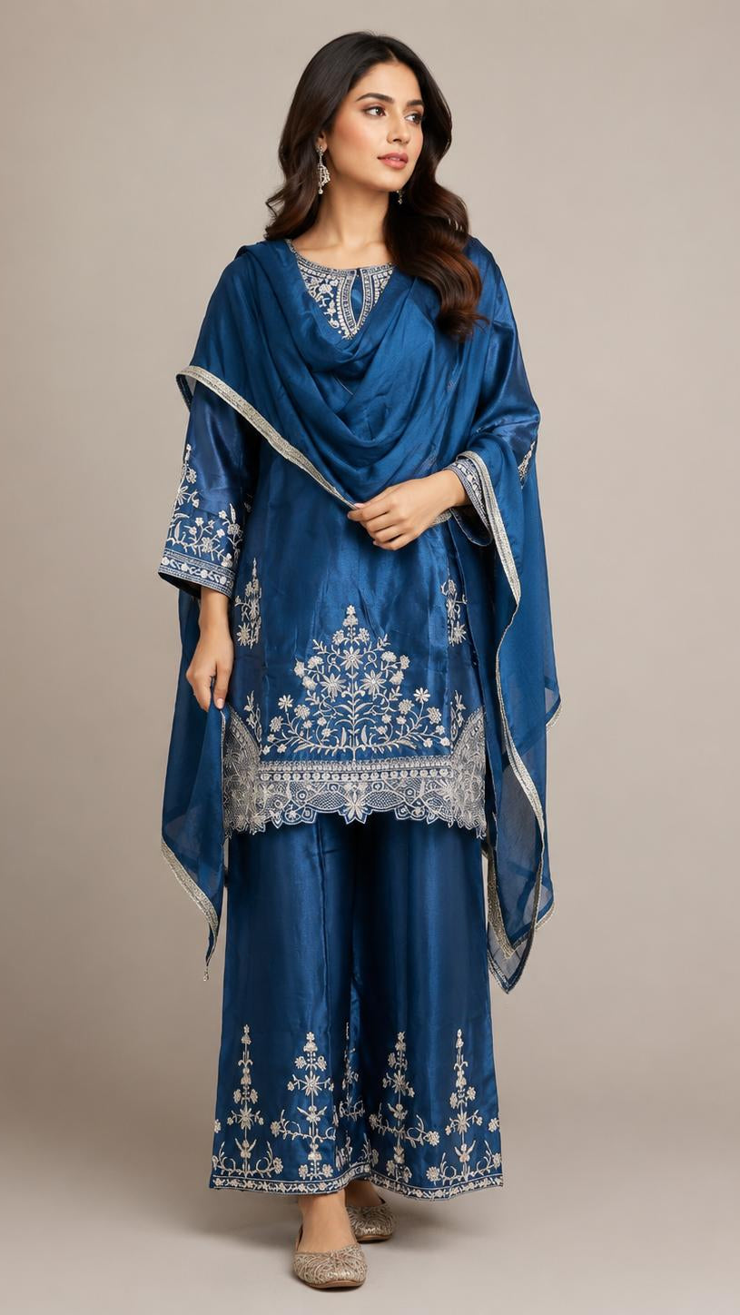 Teal Blue Fendi Silk Embroidered Sharara Set