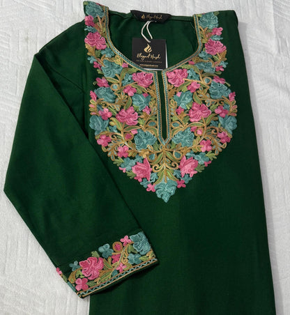 DARK GREEN KASHMIRI PHERAN WITH PINK EMBROIDERY