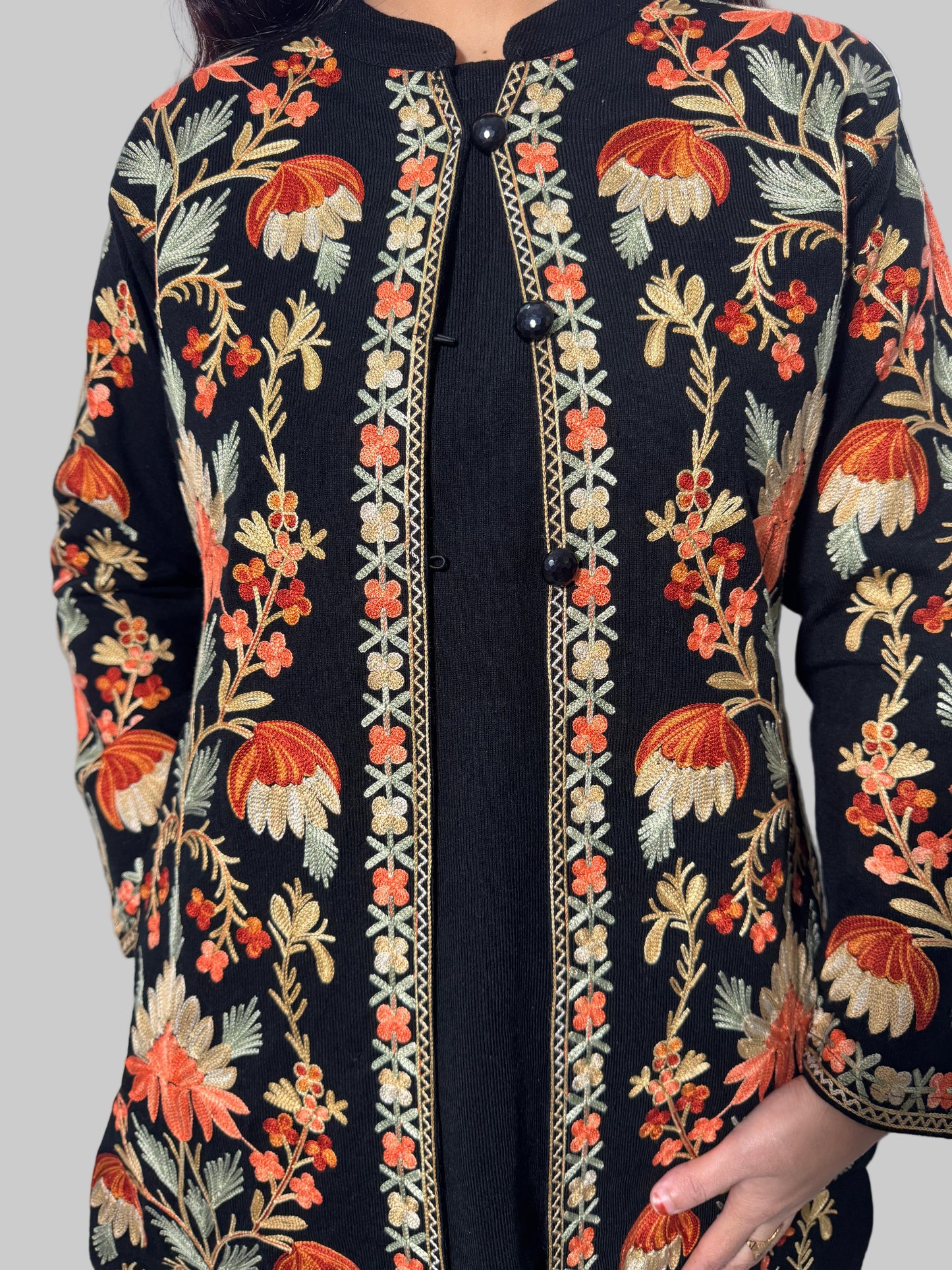 Black Kashmiri 3Pc Woolen Set With Peach & Green Embroidery(Suitable For M & L)