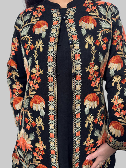 Black Kashmiri 3Pc Woolen Set With Peach & Green Embroidery(Suitable For M & L)