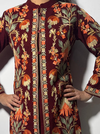 Exquisite Maroon Kashmiri Embroidered 3Pc Woolen Set(Suitable For M & L)