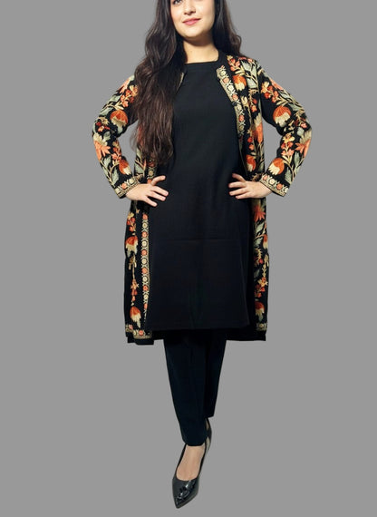 Black Kashmiri 3Pc Woolen Set With Peach & Green Embroidery(Suitable For M & L)