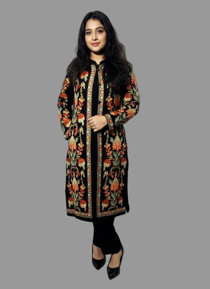 Black Kashmiri 3Pc Woolen Set With Peach & Green Embroidery(Suitable For M & L)
