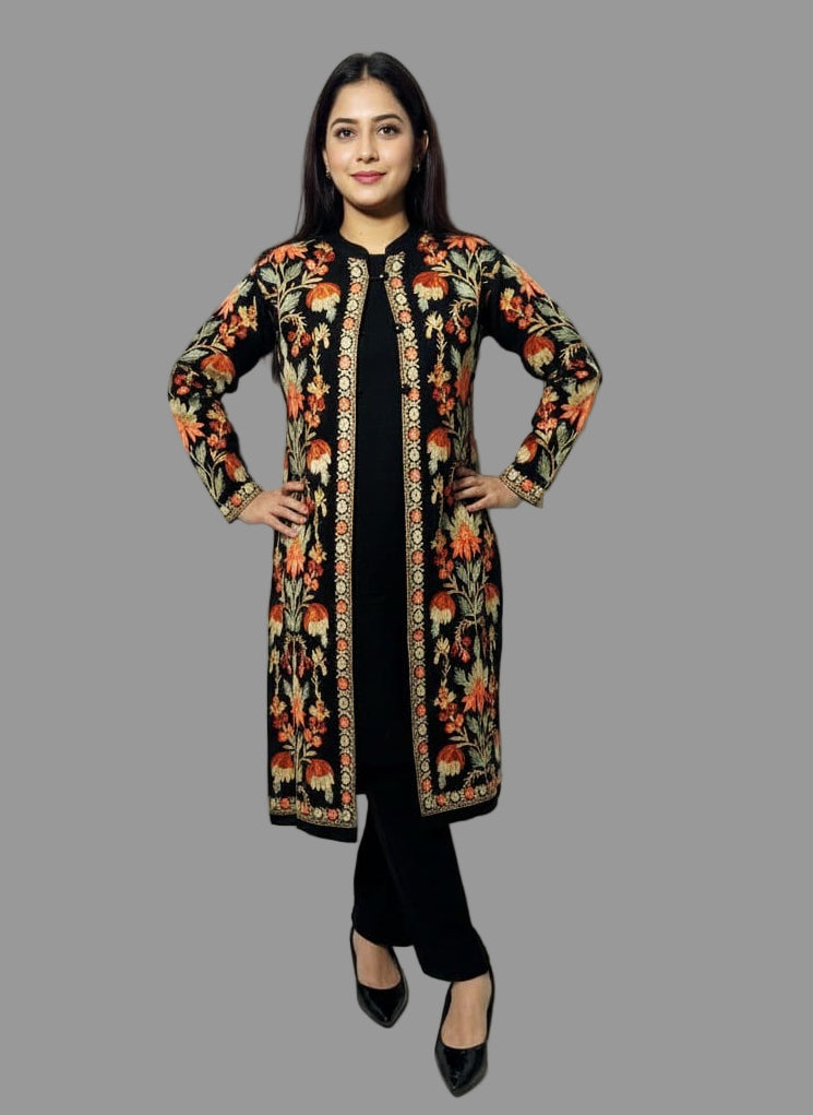 Black Kashmiri 3Pc Woolen Set With Peach & Green Embroidery(Suitable For M & L)