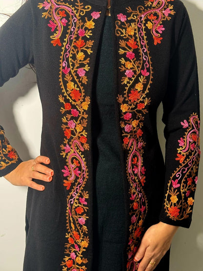 Black Kashmiri 3Pc Woolen Set With Multicolored Border(Suitable For M & L)