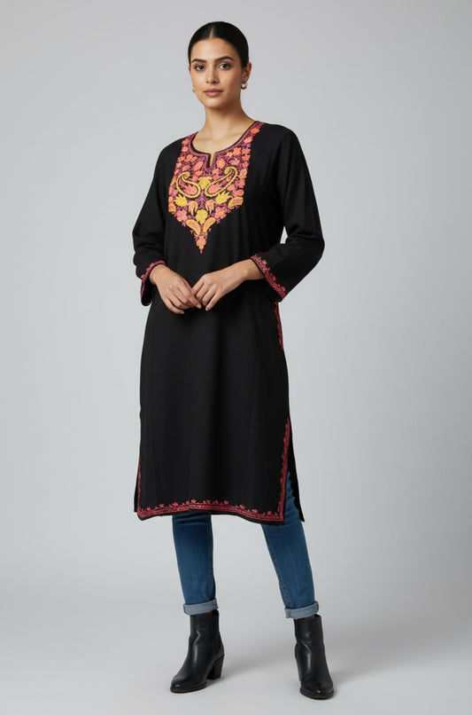 BLACK KASHMIRI PHERAN WITH PEACH/YELLOW EMBROIDERY