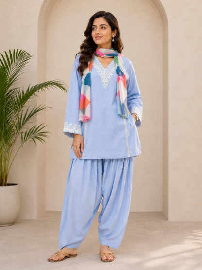 Soothing Sky A Line Cotton Kurta/Farshi Salwar Suit