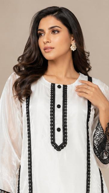Premium Pearl White Glass Organza Designer Suit