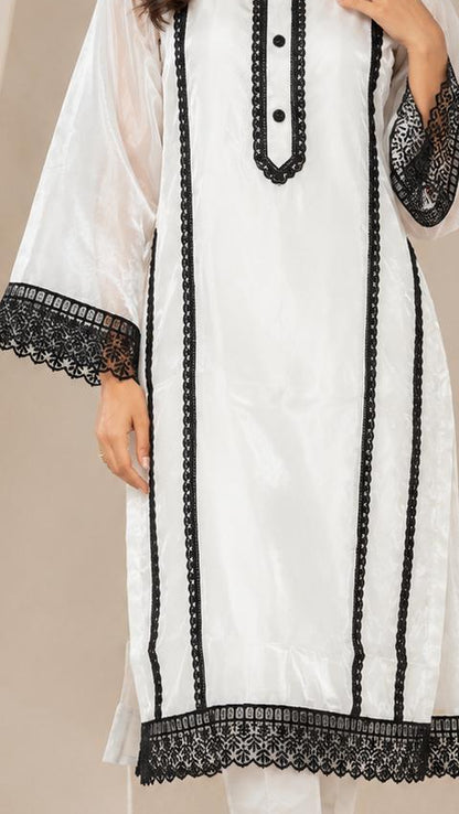 Premium Pearl White Glass Organza Designer Suit