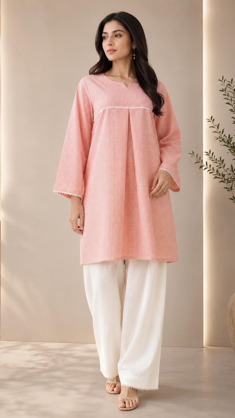 A Line Peach Textured Farshi 2-Piece Kurta Set for Women