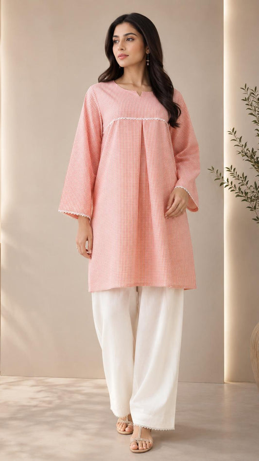 A Line Peach Textured Farshi 2-Piece Kurta Set for Women