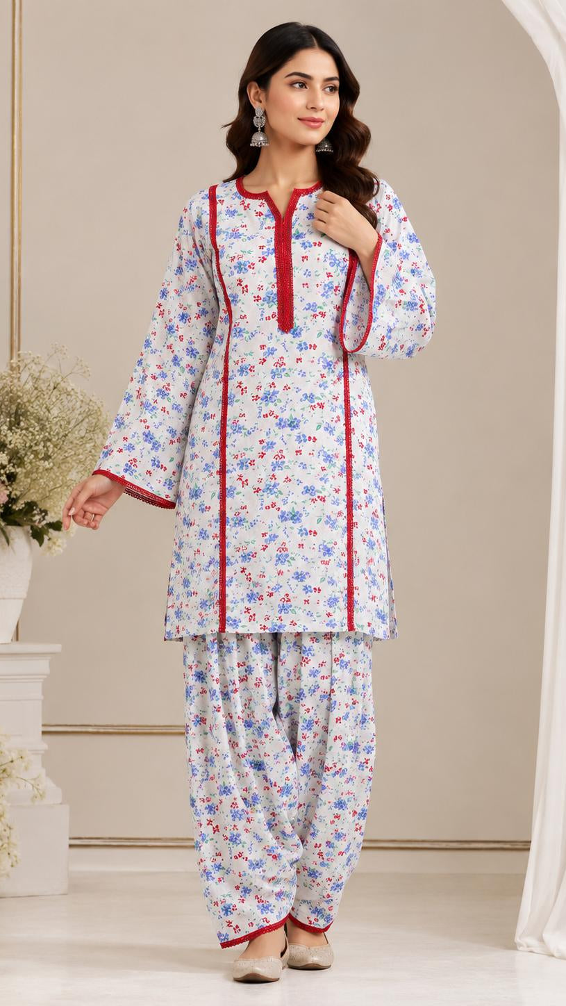 White Floral Print Farshi Salwar Suit Set