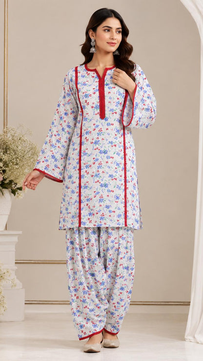 White Floral Print Farshi Salwar Suit Set