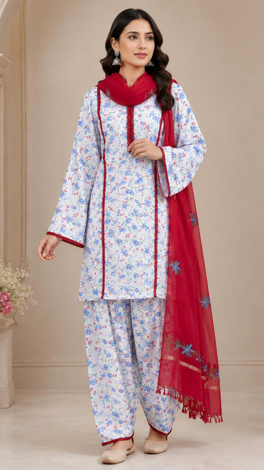 White Floral Print Farshi Salwar Suit Set