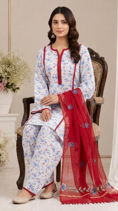 White Floral Print Farshi Salwar Suit Set