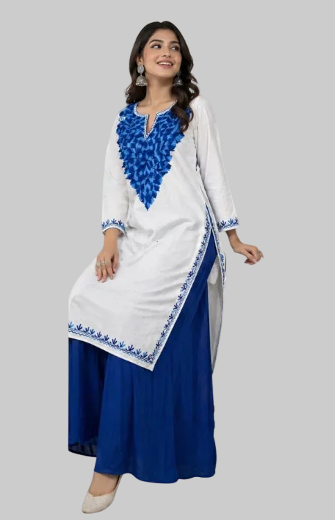 White Cotton Kurta With Blue Kashmiri Embroidery