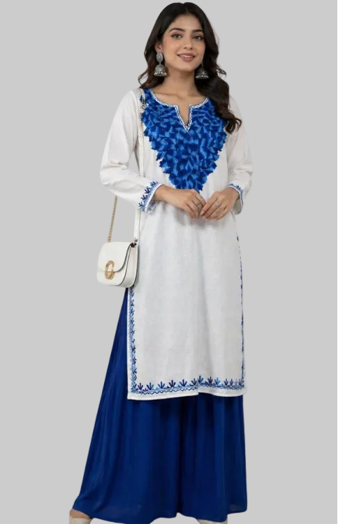 White Cotton Kurta With Blue Kashmiri Embroidery