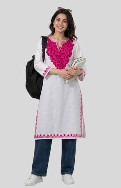 White Cotton Kurta With Hot Pink Kashmiri Embroidery