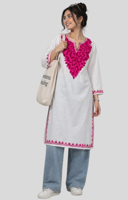White Cotton Kurta With Hot Pink Kashmiri Embroidery