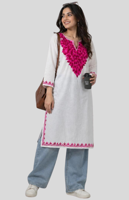 White Cotton Kurta With Hot Pink Kashmiri Embroidery