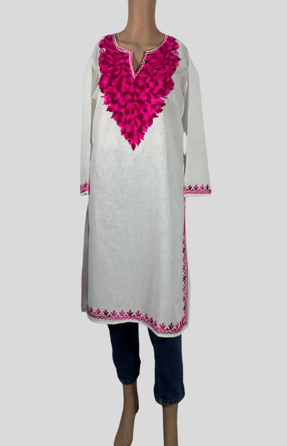 White Cotton Kurta With Hot Pink Kashmiri Embroidery