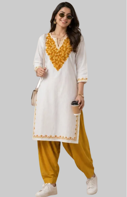 Off White Cotton Kurta With Mustard Kashmiri Embroidery