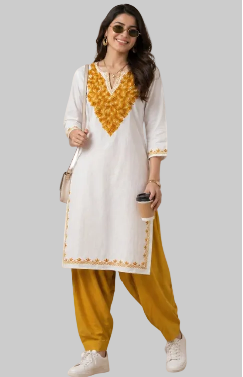 Off White Cotton Kurta With Mustard Kashmiri Embroidery