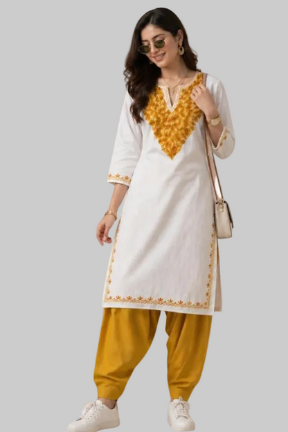 Off White Cotton Kurta With Mustard Kashmiri Embroidery