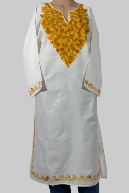 Off White Cotton Kurta With Mustard Kashmiri Embroidery
