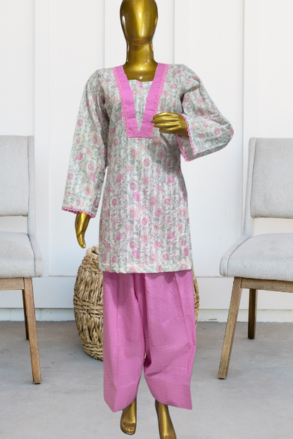 Pink Printed Cotton Kurta With Farshi Salwar